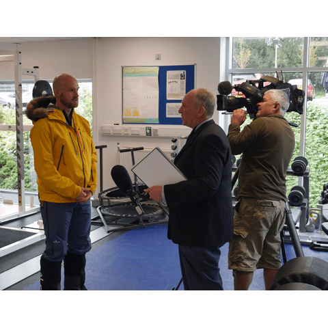 Sam Cox being interviewed by ITV Westcountry at Plymouth Marjon University