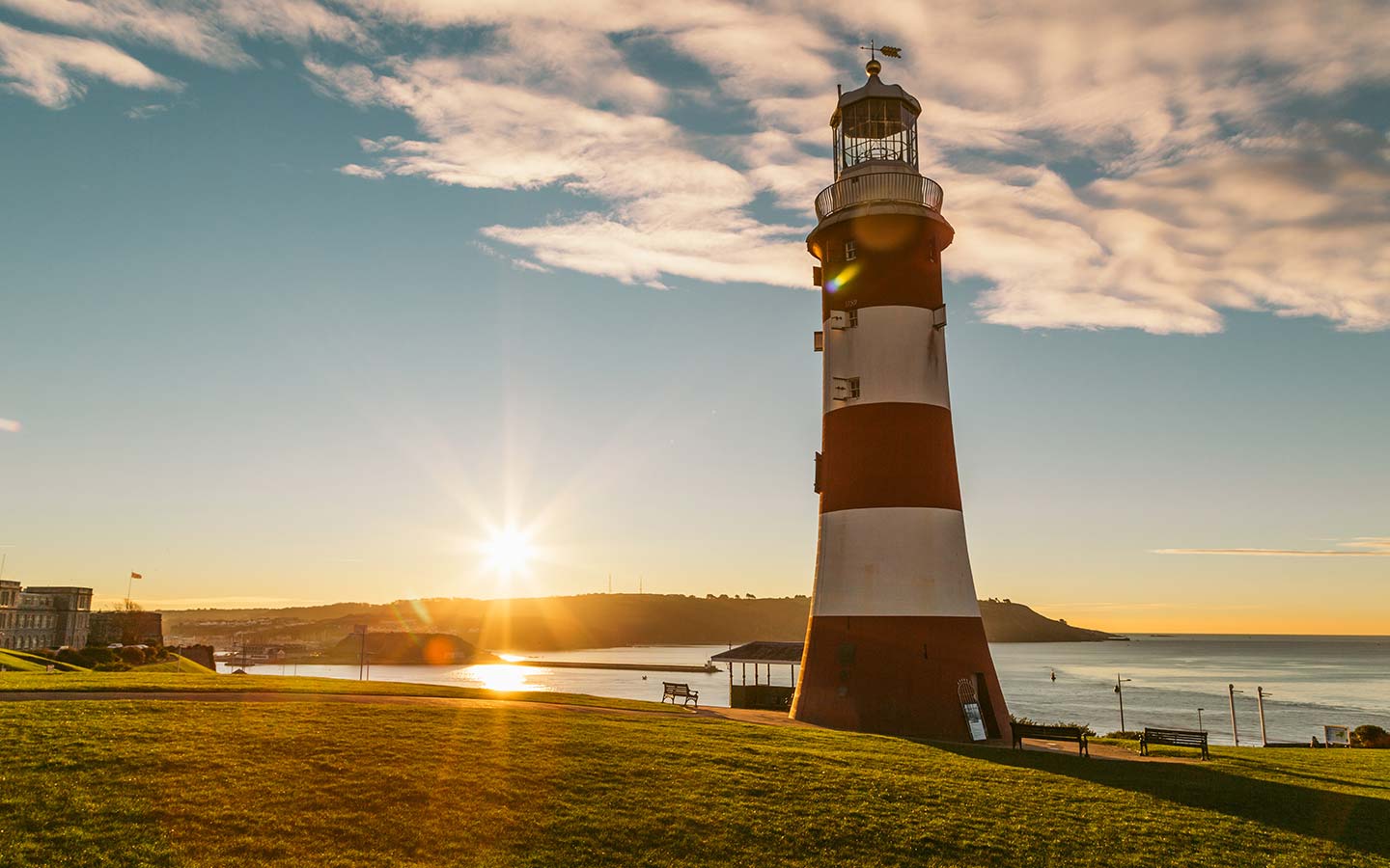 Lighthouse on the Hoe with sunset