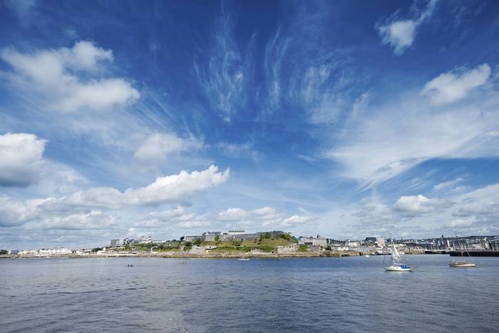 Dazzling blue sea and sky looking back to the mainland from Plymouth Sound