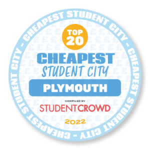 A logo from StudentCrowd proclaiming Plymouth to be one of the cheapest student cities in 2022