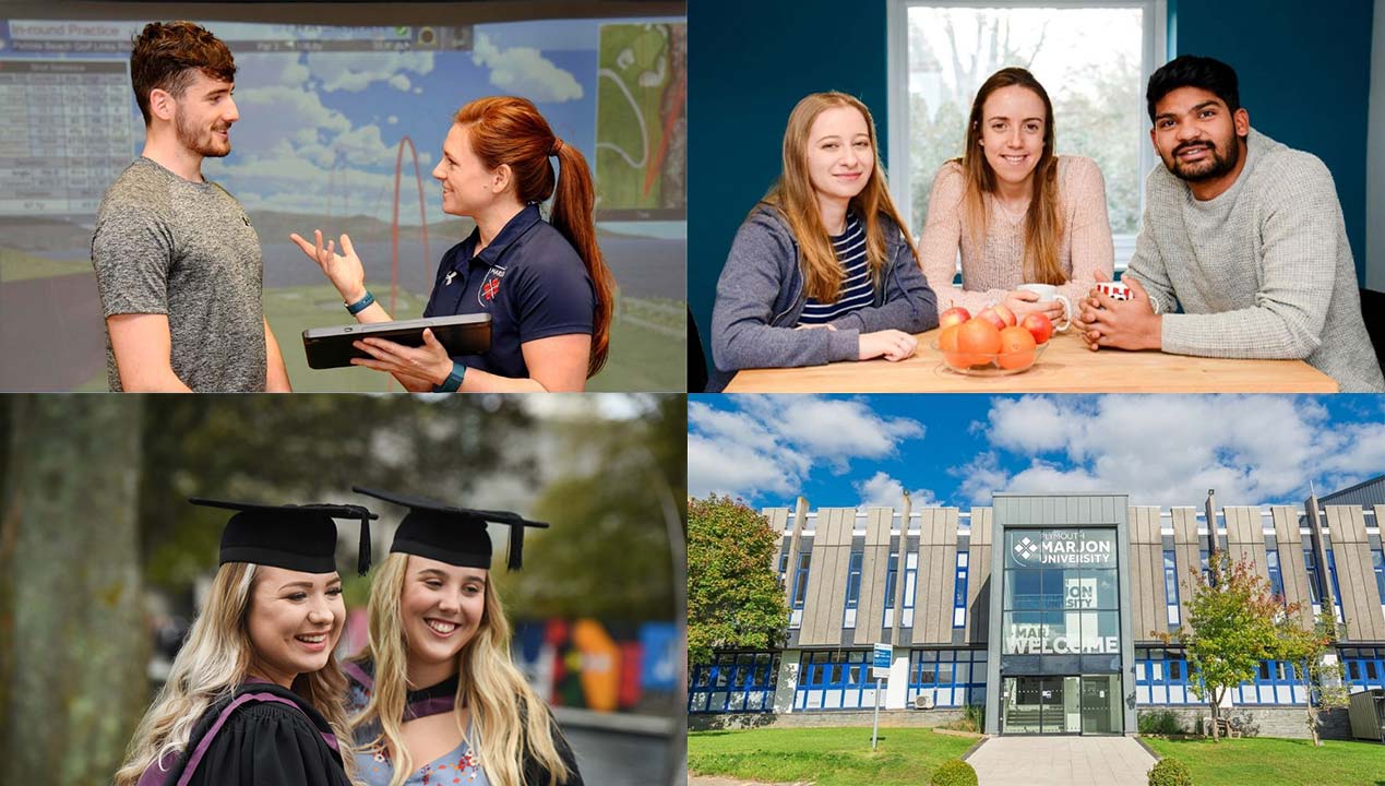 Images showing student life at Marjon, Graduation and the Marjon entrance