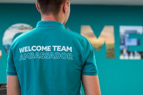 Picture taken of the back of one of our Student Ambassadors working in the Welcome Team