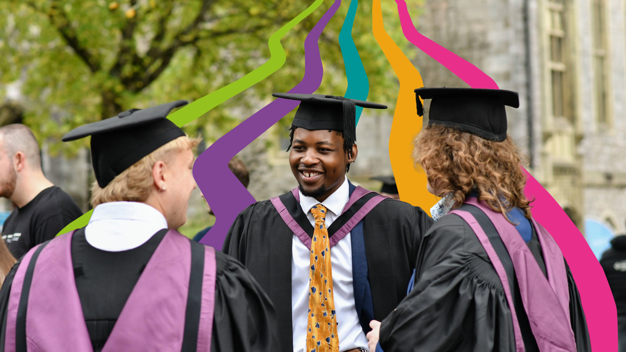 Photo of three Marjon graduates at graduation, with our clearing graphic layered behind.