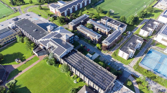 Aerial view of campus showing our central quad, buildings and sport pitches