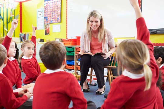 Primary school teacher talks to her class at carpet-time