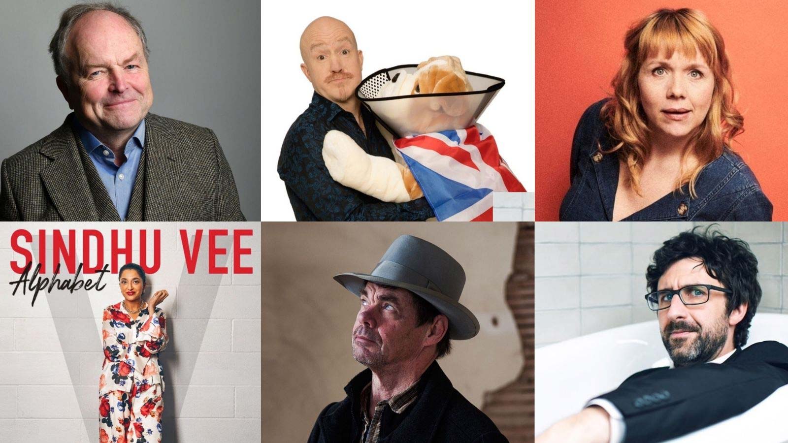 Six popular comedians are pictured who'll be performing at the Quad Theatre - Clive Anderson, Andy Parsons, Kelly Godliman, Sindhu Vee, Rich Hall and Mark Watson