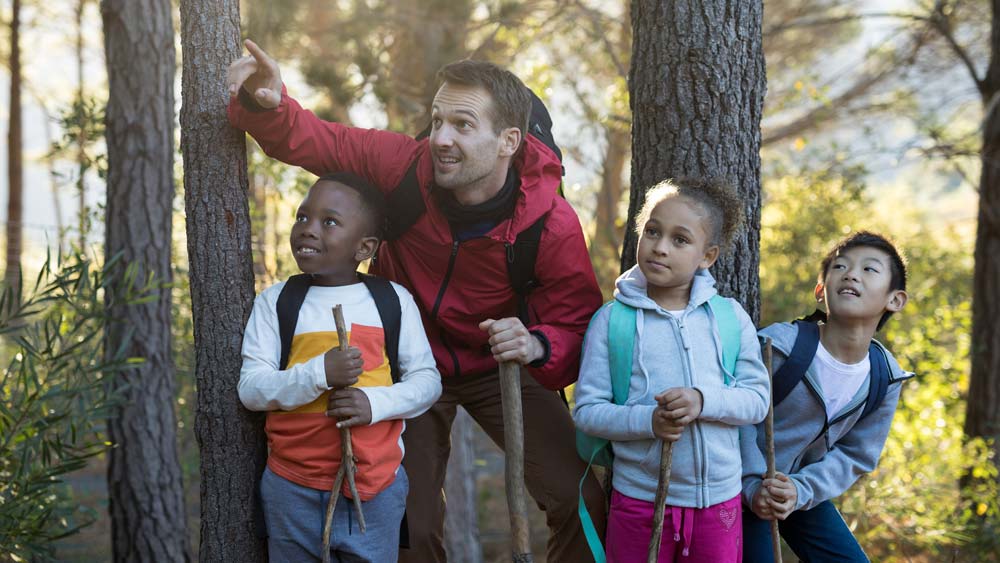 Teacher and pupils in the forest