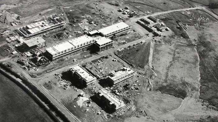 Aerial view of the construction of the Plymouth campus in the 1970s