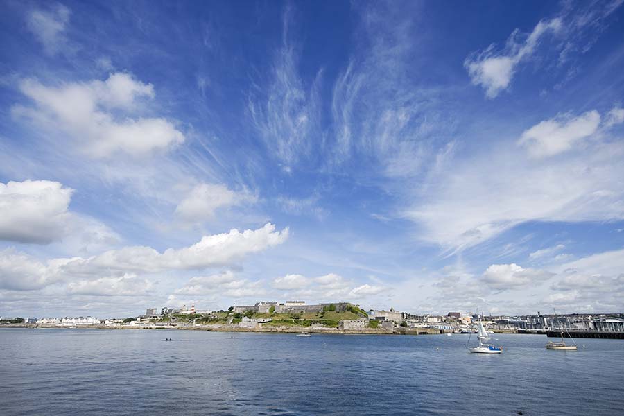 Dazzling blue sea and sky looking back to the mainland from Plymouth Sound