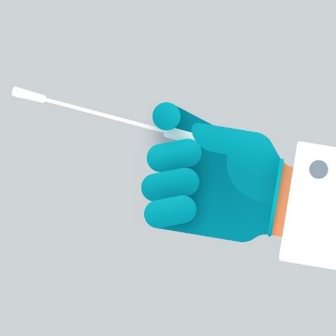 Illustration of a hand in blue glove and white coat holding a swab test