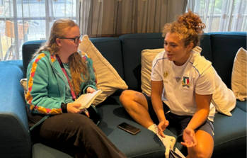 Sport Journalism student Ashleigh Rollins conducts an interview at the Women's Rugby World Cup