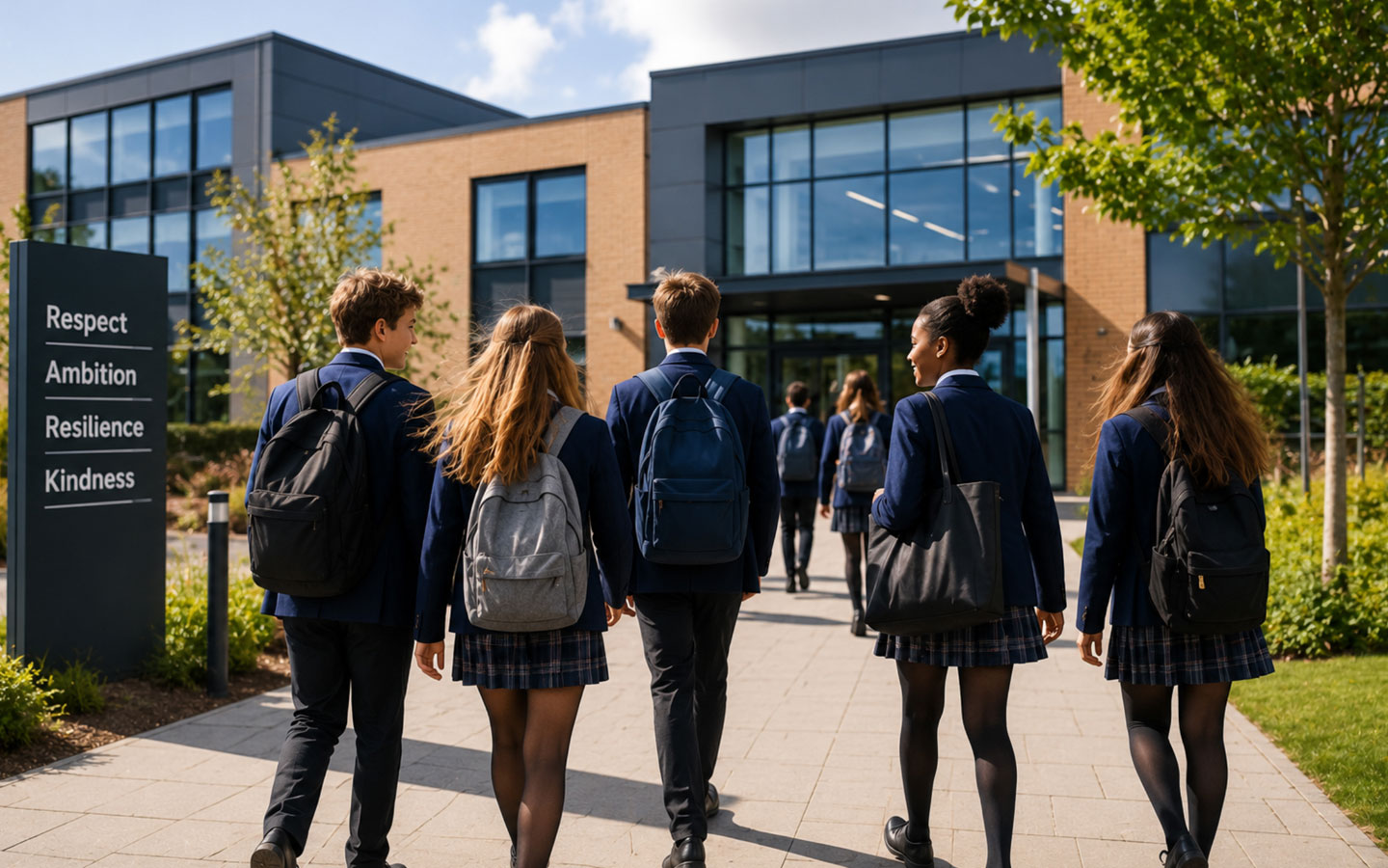 Secondary school children talking and walking in to school
