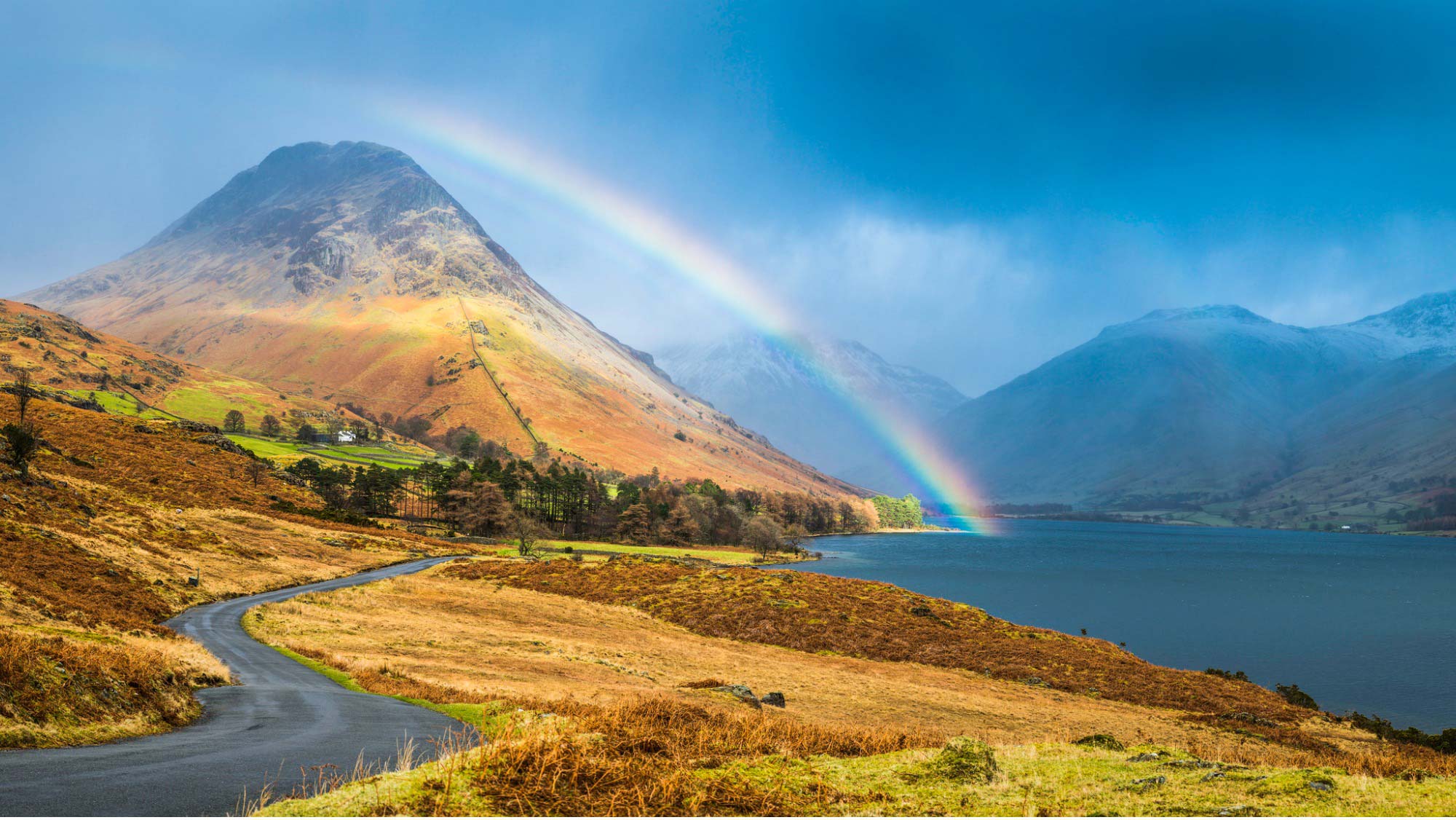 Rainbow over land and water at Wast Water in the Lake District, Cumbria
