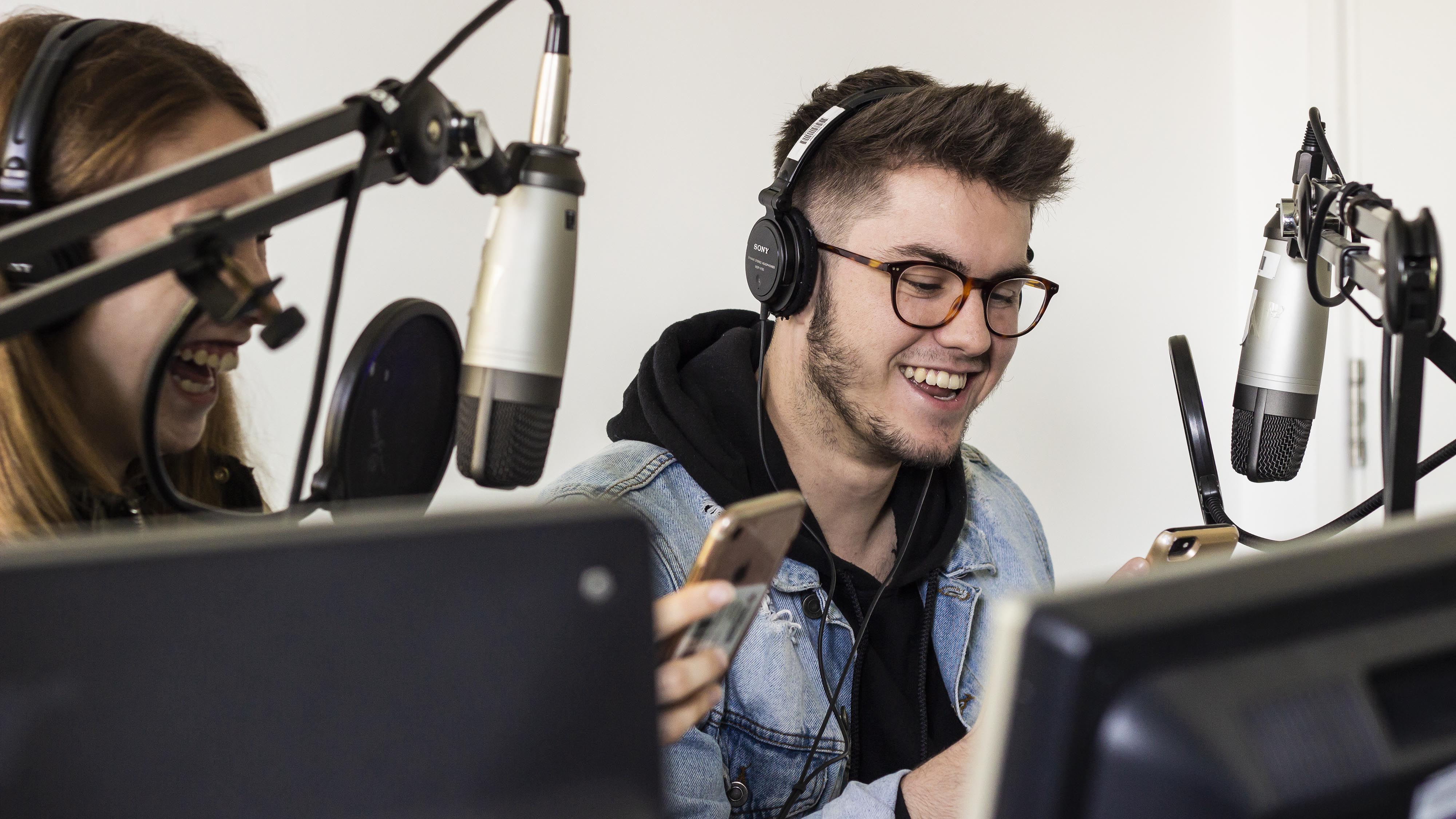 Journalism students in the radio studio