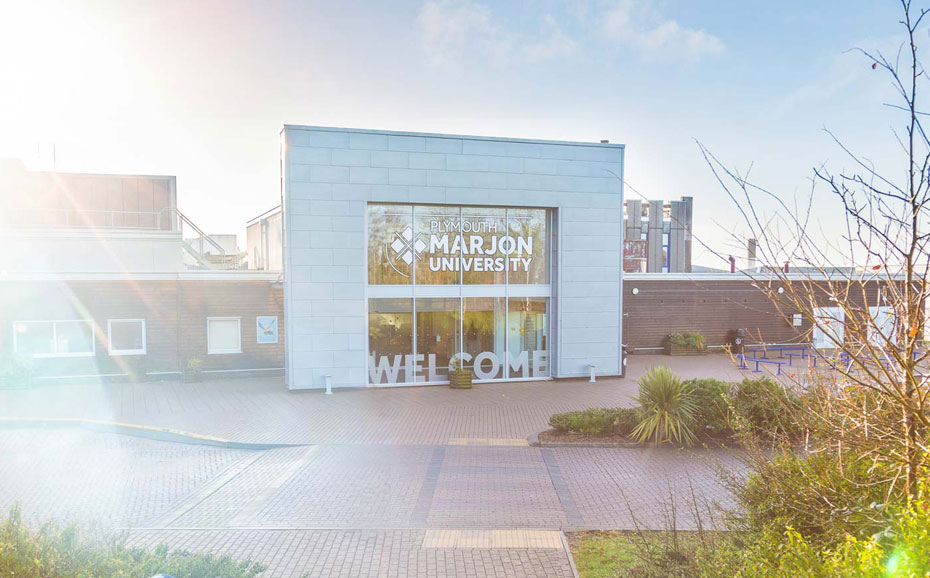 Marjon's campus main entrance on a sunny day