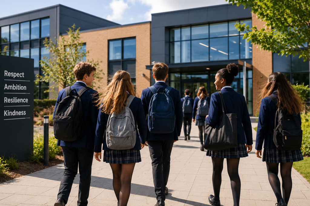 school children in navy uniform arriving at school building