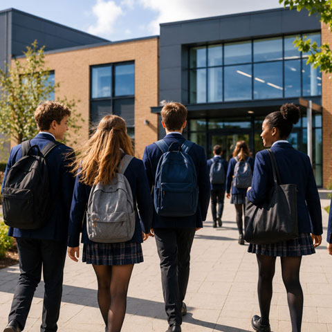 school children in navy uniform arriving at school building